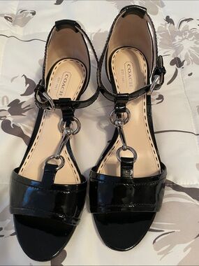 Coach Black Patent Leather T-Strap Heels with Silver Hardware